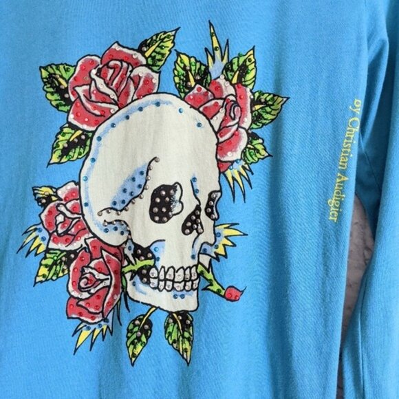 Vintage Ed Hardy Crystal Skull Long Sleeve Tee M Blue Red Roses Y2K Tattoo Style - Picture 2 of 7